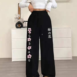 2026新款Y2K暗黑哥特樱花印花宽松显瘦男女系带运动裤阔脚卫裤