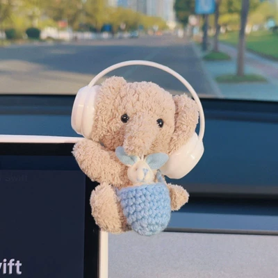 Car ornaments, Ornaments Plush Doll Car - papa-ornaments-free-glue-little-elephant-white-headphones-knitted-blue-bag-back-white-rabbit