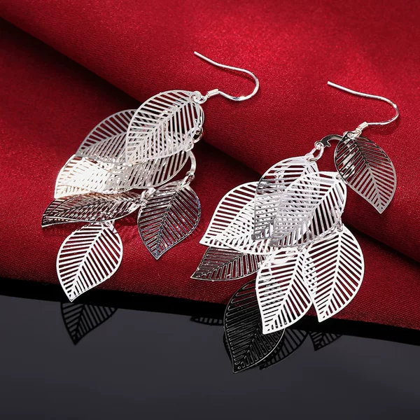 Jinrongxing Hot-Selling Jewelry Korean Style Exquisite and Popular Silver-Plated Bright Hanging Leaf Earrings for Women