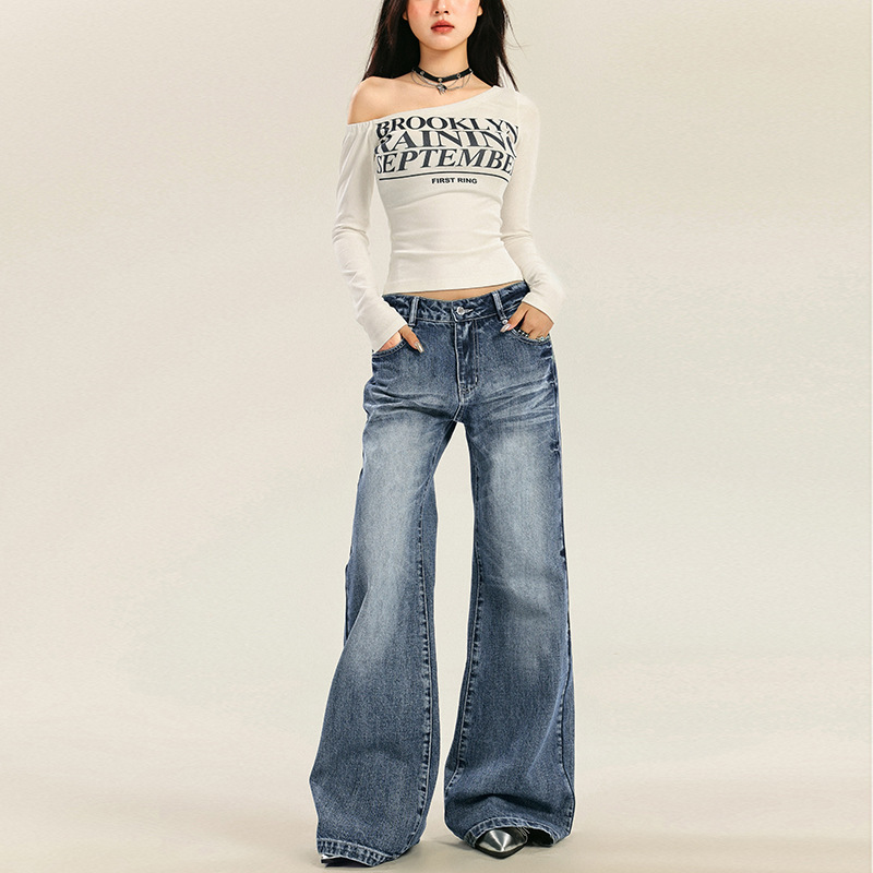 Orange Silk Women's Clothing # Retro Light-Colored Washed Jeans for Women 2025 Summer New Low-Waist Slim Micro-Flared Pants