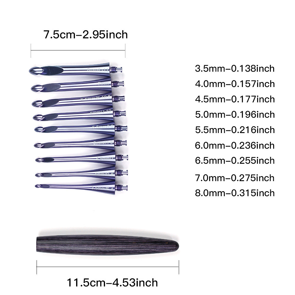 Herramientas de tejido transfronterizas pulidas a mano mango de madera púrpura ganchillo desmontable 1 remolque 9 conjunto de ganchillo