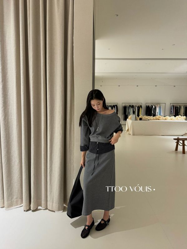 TTOO VOUIS秋季2301长袖圆领卫衣假两件抽绳松紧腰半身裙两件套女|undefined