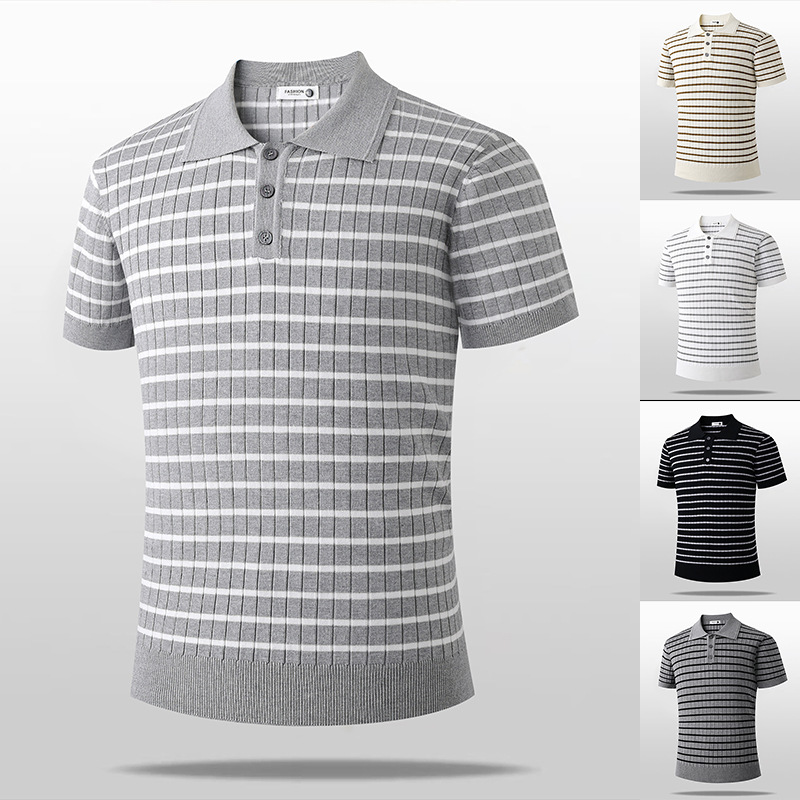 Camisas de polo camisetas de punto de manga corta camisetas a rayas de hombre texturas de alto nivel viejos ganancias de hielo seda verano fábrica transfronteriza al por mayor