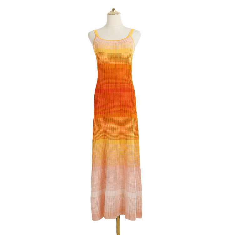 Summer new fashion gradient plaid sleeveless vest skirt silk soft beach holiday style knitted dress wholesale