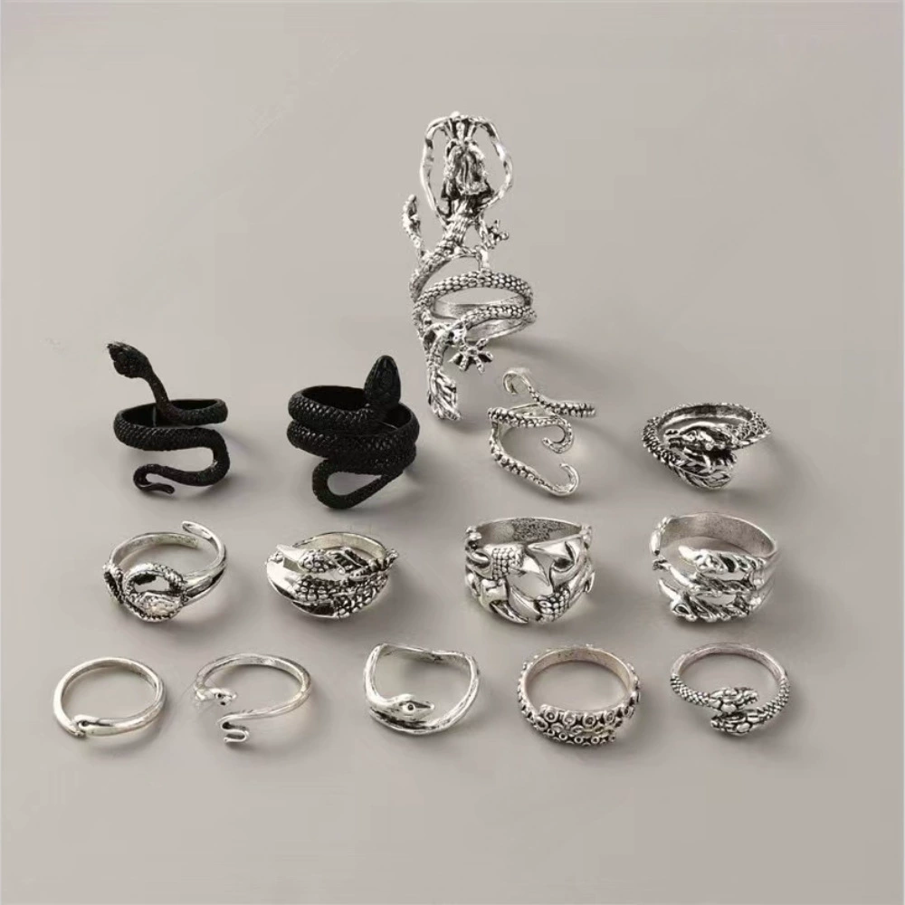 Retro Adjustable Ring Set, Punk Style, Alloy Electroplated, 16-Piece Mix (Adjustable)
