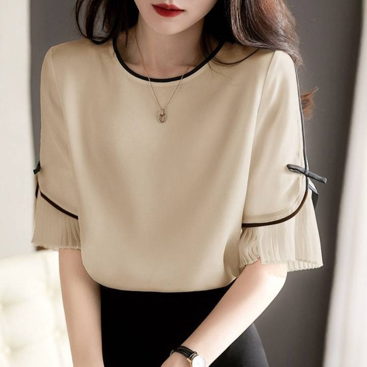 thumbnail for Foreign trade cross-border 2024 French quiet and elegant pleated stitching heavy 30 mom mulan silk top women