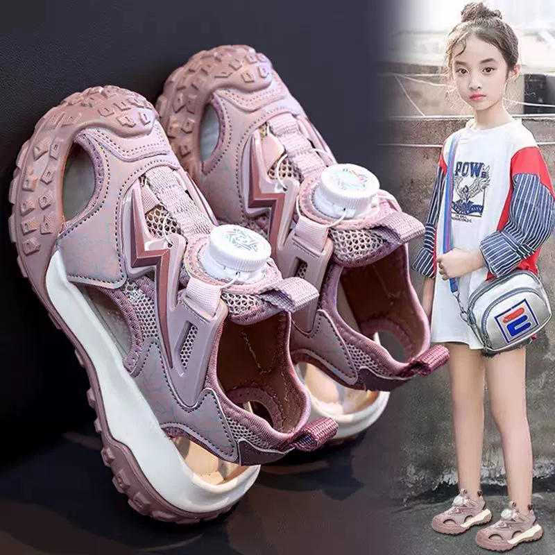 Спортивные сандалии для детей с полыми вращающимися пуговицами 2025 Летние мальчики красавчики, контрастные повседневные туфли для девочек Детская обувь