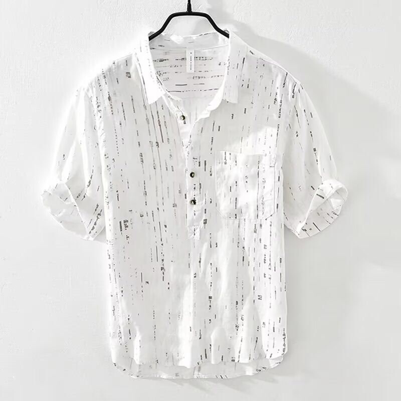 Japanese Style Retro Pullover Linen Shirt Men's Summer Thin Breathable plus size Trendy Printed Shirt Short Sleeve Design Sense