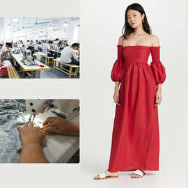 加工定制春夏新款2024气质通勤一字肩红色女纯色中长裙套头连衣裙