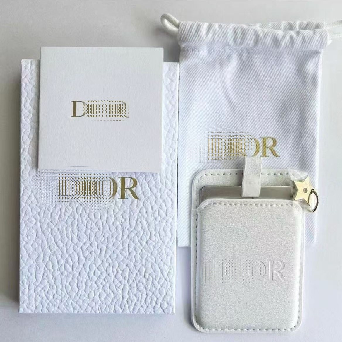 Brand new D-brand gift white leather phone mirror cloth bag box packaging with 3M adhesive tape and 304 steel mirror for easy removal