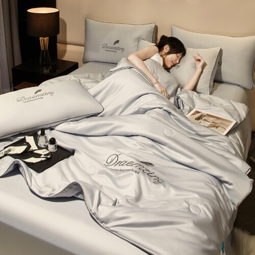 Embroidered quilt summer washed ice silk air-conditioned quilt summer cool quilt light luxury three-piece set four-piece pillowcase summer summer dormitory