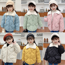 新款韩版宽松棉服儿童菱形格夹棉短款棉袄男女宝加厚保暖毛领外套