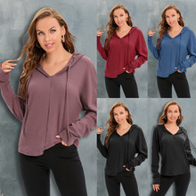 美国站亚马逊大码女装欧美长袖连帽抽绳针织衫齐色齐码秋冬上衣