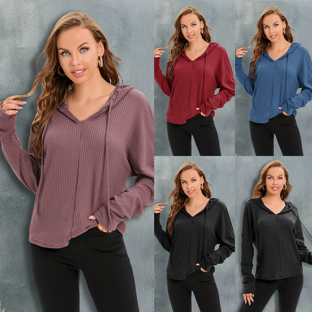 US Station Amazon Женский вязаный свитер больших размеров в европейском и американском стиле с длинным рукавом и капюшоном на шнурке Qi Color Осенне-зимний топ размера Qi