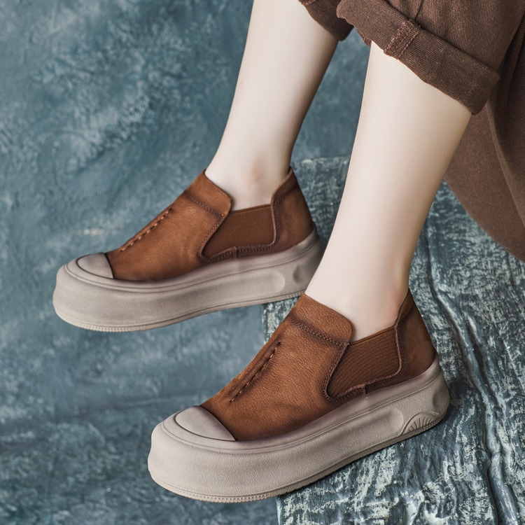 2025秋季新款牛皮帅气英伦风复古圆头深口套脚松紧软皮软底单鞋