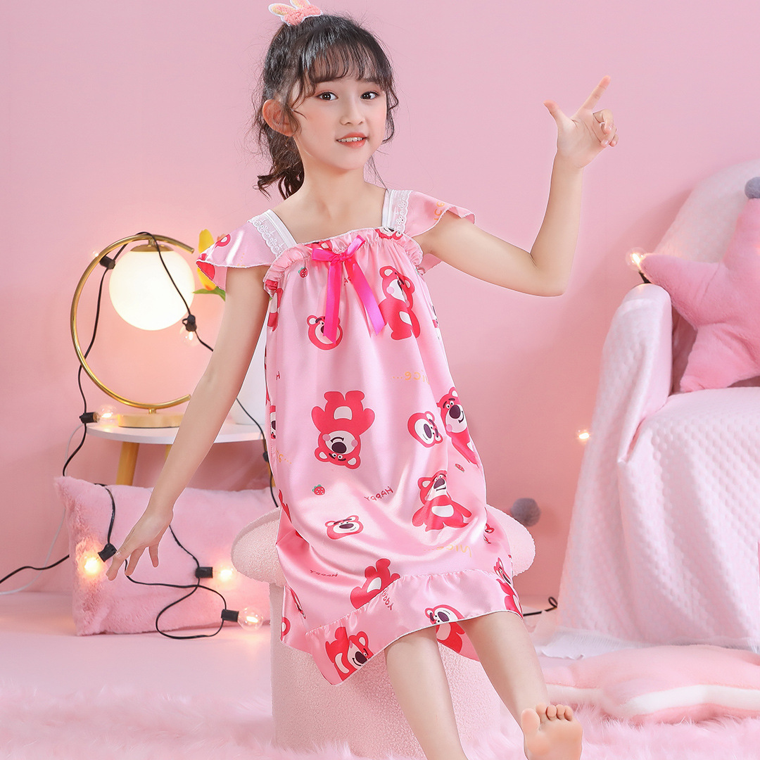 Hielo vestido de pijama de niños princesa viento de verano caricatura de seda de simulación de chicas cabina vestido de mangas cortas ropa para el hogar