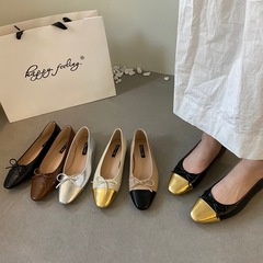 Happyfeel ing小香風の新型フレンチシングル靴の底の黒い金の色合わせのメアリー珍の靴の女性の靴