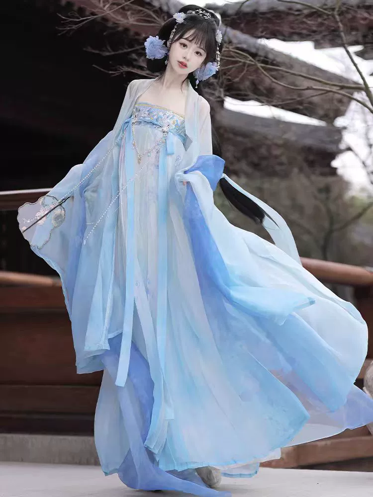Spring and summer style [Flower all over the sky] Hanfu women's Tang Dynasty-made chest-length skirt embroidered large sleeve shirt fresh daily ancient costume