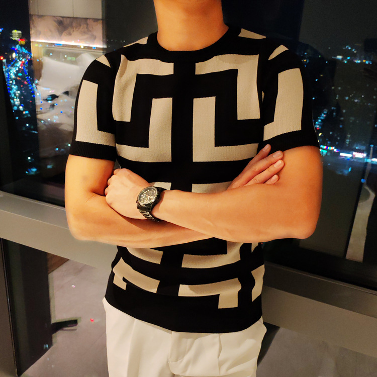 Men's short-sleeved sweater new casual slim sweater autumn and winter bottoming shirt half-sleeved shirt round neck Korean fashion