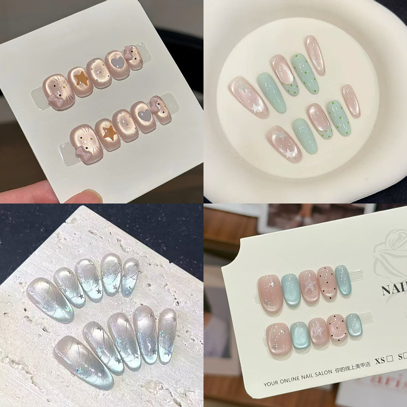 [Super Cute Kt Cat] Handmade Nail Art Wearable Nails Cat Cartoon Cute Sweet Bow Short Style Cat Eye Effect Whitening Effect