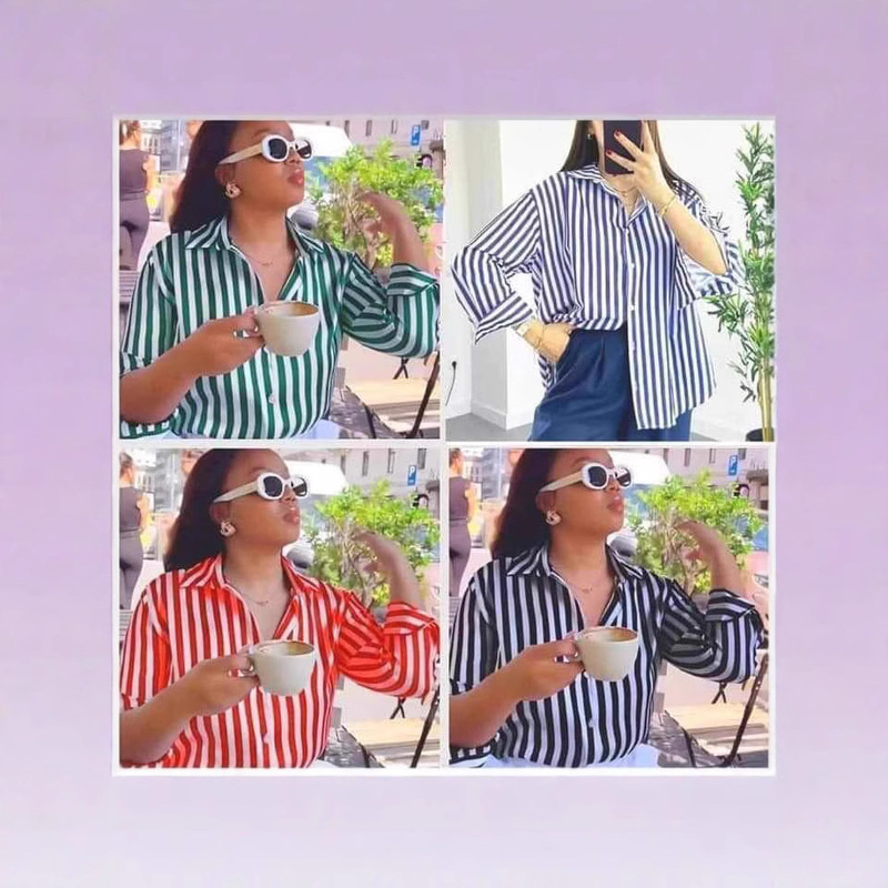 Cross-border Foreign Trade European and American Women's 2025 Summer New Street Fashion Casual Long Sleeve Striped Shirt Lightweight