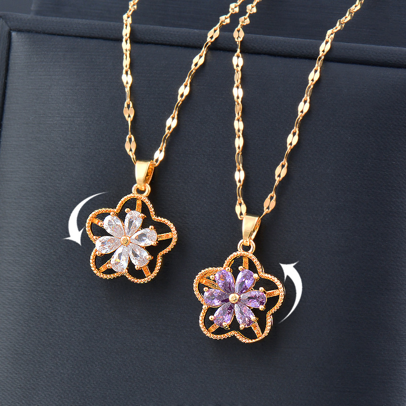 Fashion Flower Titanium Steel Inlay Zircon Pendant Necklace 1 Piece