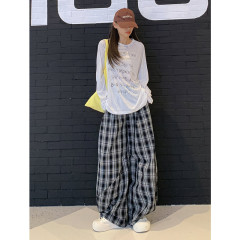 黑色拼接格子弯刀裤女春秋夏2025新款小众高腰宽松显瘦休闲阔腿裤