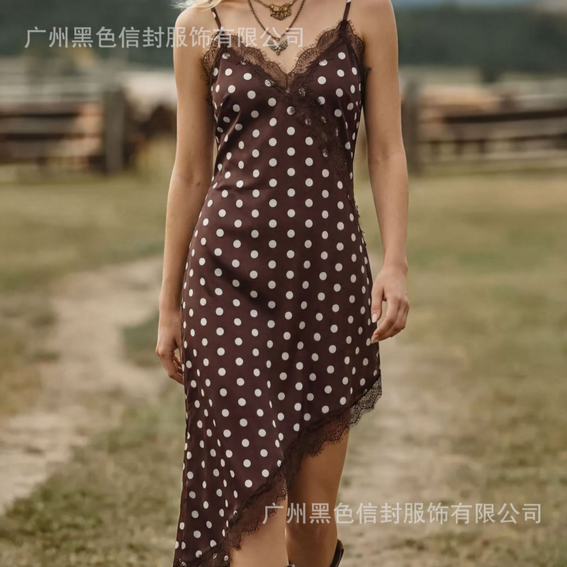 Women's Vintage Polka Dot Mini Slip Dress, Sleeveless, Asymmetrical Hem, Lace Trim Details on the Shoulders Women's Vintage Polka Dot Mini Slip Dress, Sleeveless, Asymmetrical Hem, Lace Trim Details on the Shoulders