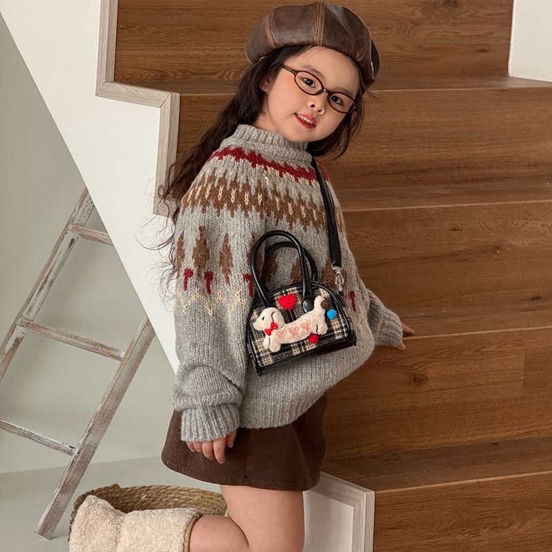 Caricatura lindo peluche cachorro bebé bolso mini pequeño bolso de hombro para niños y niñas nuevo bolso de niños a cuadrícula