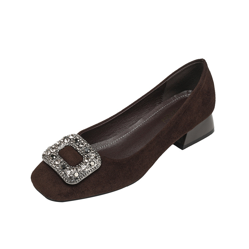 2024 Spring New French Water Diamond Square Buckle Middle Heel Shoes Women's Head Shallow Mouth, One Step, Elegant and Versatile Ladybug Shoes