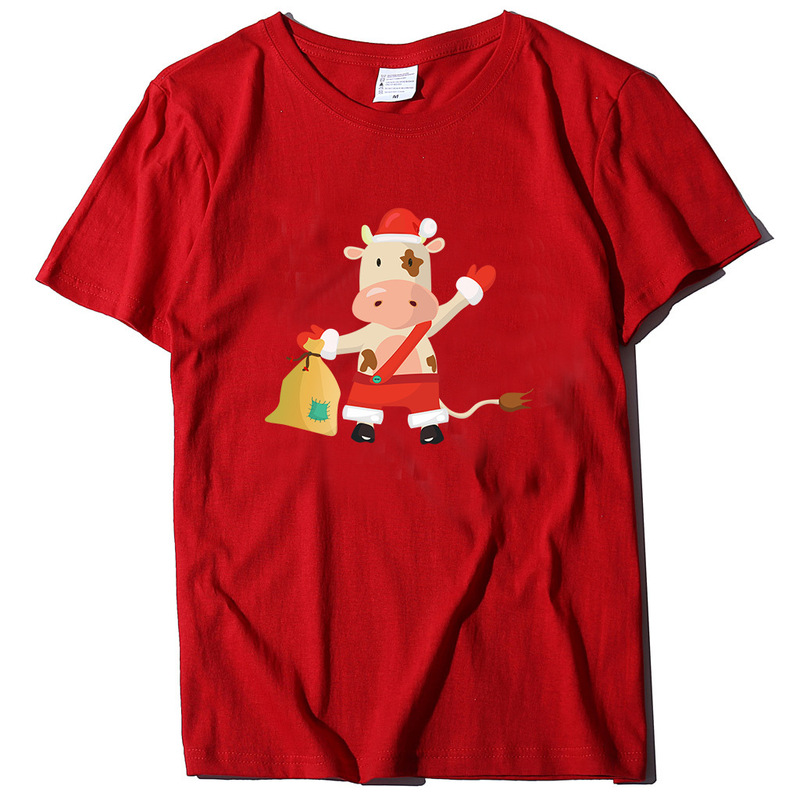 Cross-border Cute Christmas Niu Niu Print Casual Loose T-shirt Youth Trend Fashion Style Round Neck Short Sleeve