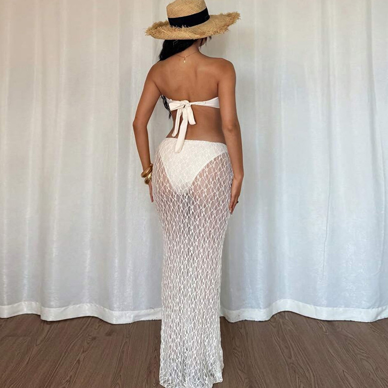 Completo estivo da donna sexy con abito lungo senza spalline in pizzo, due pezzi, tinta unita, stile europeo e americano._voghion.com