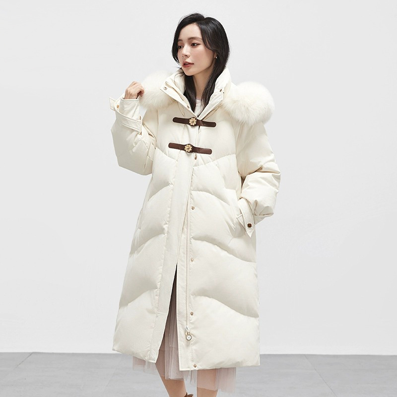 高端牛角扣羽绒服女2025冬装中长款甜美白鸭绒狐狸毛领保暖大衣女