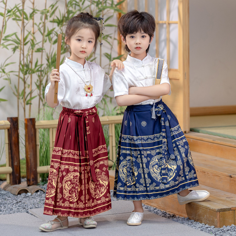 Preschool uniform Children's Day performance dress Primary school graduation attire Summer Hanfu traditional Chinese costume with dragon and phoenix design horse face skirt