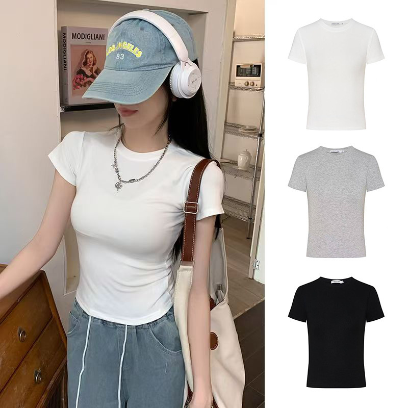跨境东南亚短款露脐短袖T恤女2025夏季新款辣妹白色打底女装上衣|undefined