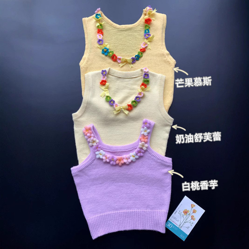 Original Design Handmade Hook Flower Bow Yellow Knitted Sweater Cute Sweet Style Girly Vest Vest