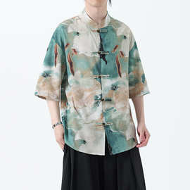 夏季中国风男装新中式短袖冰丝印花半袖衬衫汉服A118-C22065控88