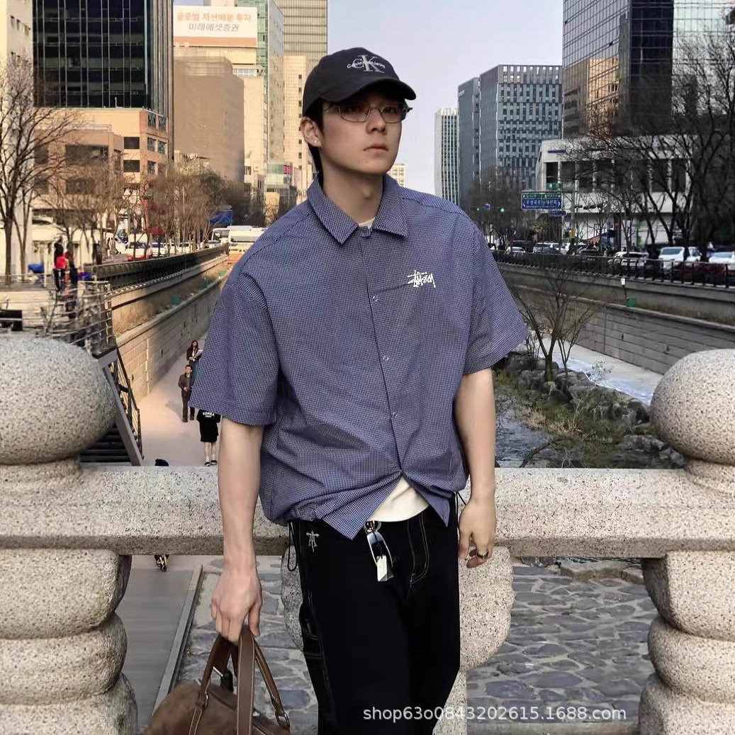 Original Quality Stus Stus SS25 Summer New Blue Plaid Hem Drawstring Short Sleeve Shirt Men's and Women's Top