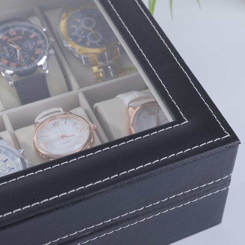 Fabricante en stock al por mayor caja de reloj PU de 12 bits con ventana de vidrio reloj caja de visualización caja de almacenamiento caja de embalaje