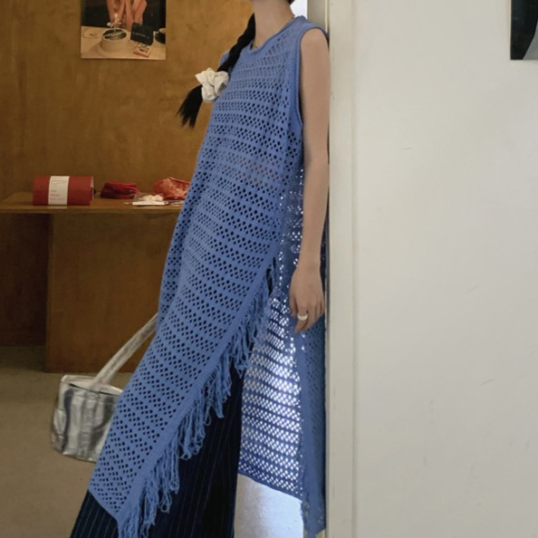 Hollow-Out Knit Side-Slit Fringe Dress for Women, Summer 2026 New Style, Loose Mid-Length Tank Dress, Sun-Protective Cover-Up Hollow-Out Knit Side-Slit Fringe Dress for Women, Summer 2026 New Style, Loose Mid-Length Tank Dress, Sun-Protective Cover-Up