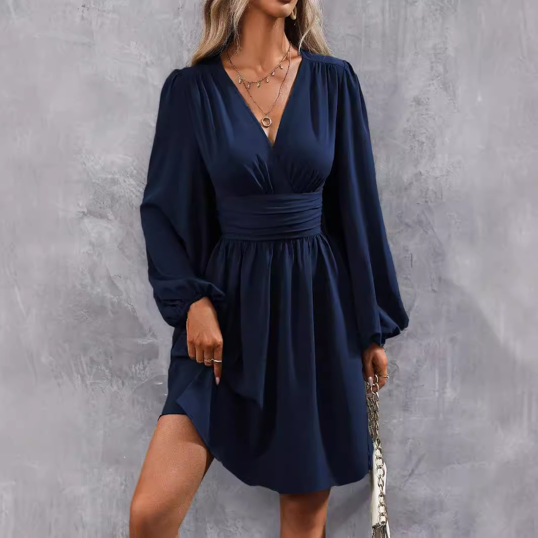 Autumn Winter New Asymmetric Neck Lantern Sleeve Ruched Waist Dress_ecoleips.com