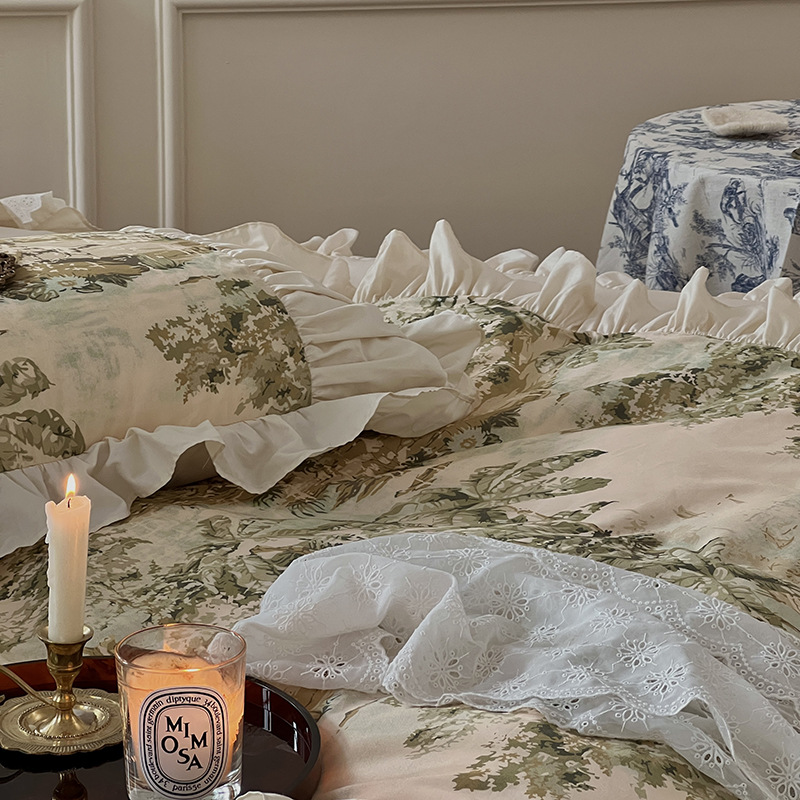 Nordic Vintage Four Piece Bedding Set Pure Cotton Princess Style_voghion.com