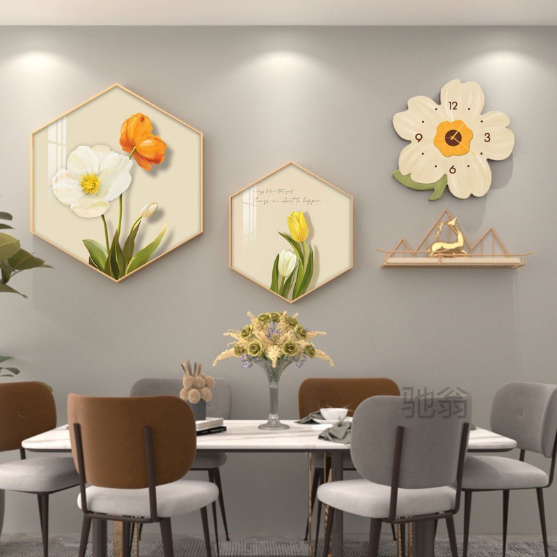 麓r餐厅装饰画晶瓷小清新组合挂画创意花朵挂钟饭厅背景墙面六边