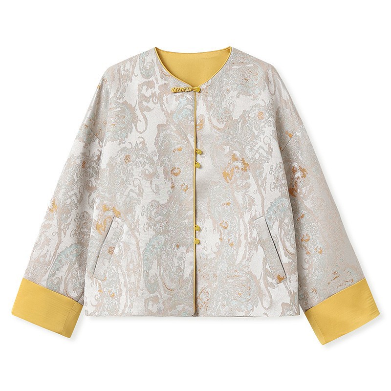 Áo khoác nữ kiểu Trung Hoa mới, chất liệu jacquard họa tiết nổi, phối khuy cài, form suông thu đông N9025 — Miju [phiên bản cotton], Hồng nhạt [phiên bản cotton], hồng nhạt, cơm cam