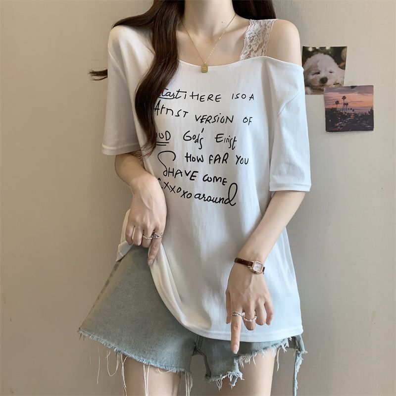 大きいサイズのレタープリントオフショルダー半袖Tシャツ女性用2025年夏新作ファットmmルーズスリミングファッショントップ女性用|undefined