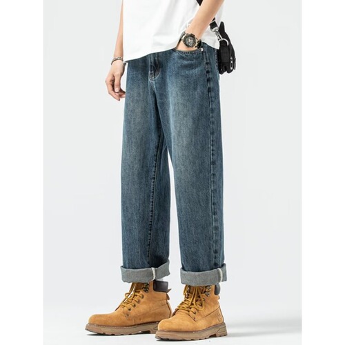 American Retro Denim Straight Leg Men's Spring and Autumn Streetwear Loose Tapered Trendy Brand Washed Versatile Casual Trousers