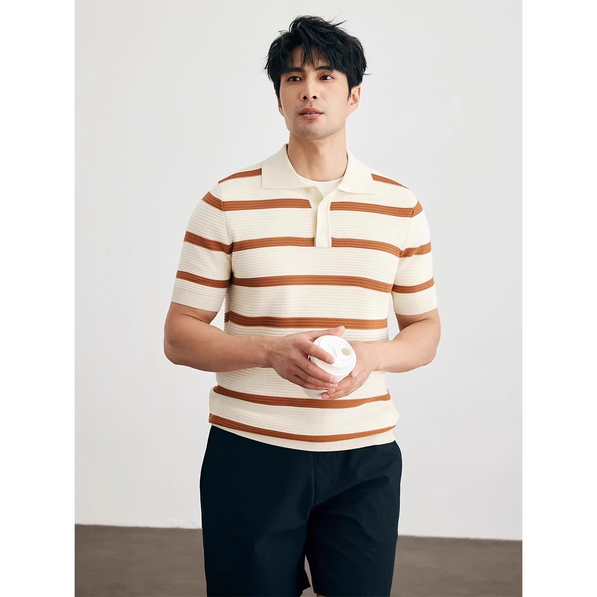 Camiseta polo con solapa de manga corta camiseta de punto hombre gran rayas de contraste de color inglés de negocios de verano hielo comercio exterior al por mayor transfronterizo