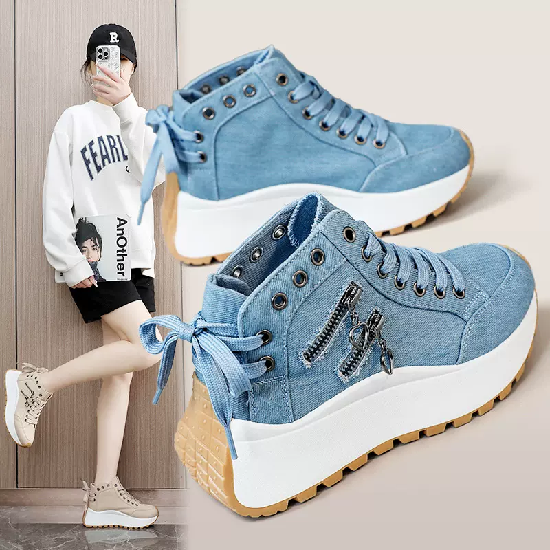 ZY2001校园帆布鞋女新款2025夏季松糕高帮鞋增高牛仔布马丁运动鞋