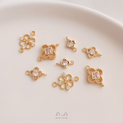 保色14K包金鑲嵌鋯石雙吊四葉草吊墜手作材料diy手鍊耳環連接配飾