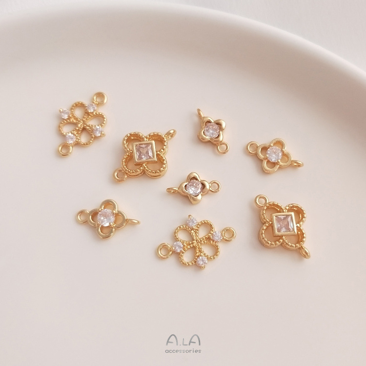 Color preserving 14K gold inlaid zircon double hanging four-leaf clover pendant handmade material diy bracelet earrings connection accessories Color preserving 14K gold inlaid zircon double hanging four-leaf clover pendant handmade material diy bracelet earrings connection accessories